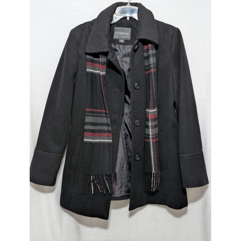 Covington Womens Black Button Front Pea Coat with Plaid Scarf Size Large L